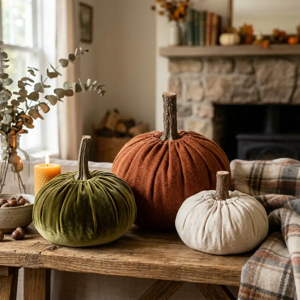 Three fabric-wrapped pumpkins in olive velvet, rust wool and bone cotton with real branch stems