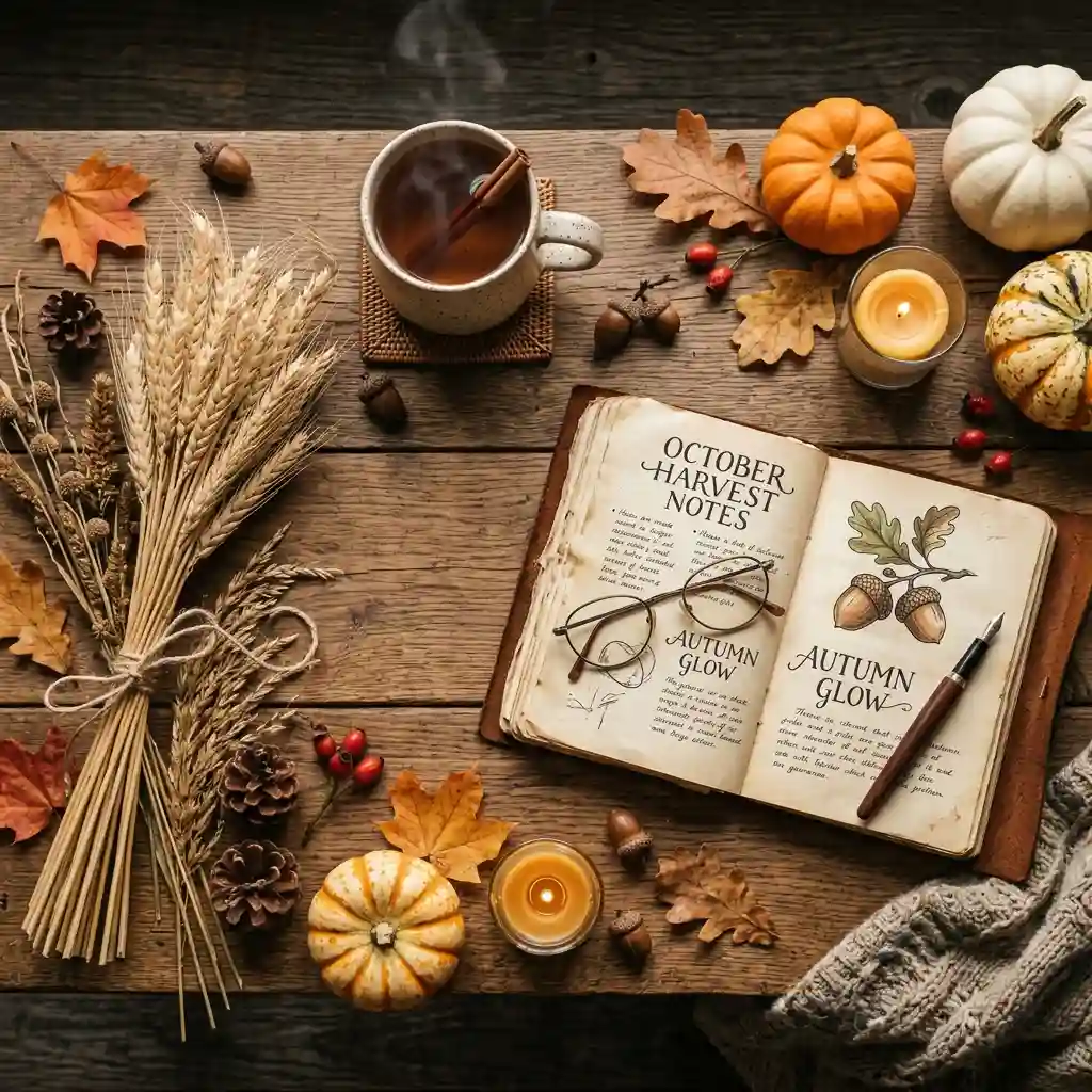 Vertical autumn pin layout with a wheat bundle and open book placed on opposite sides of the frame