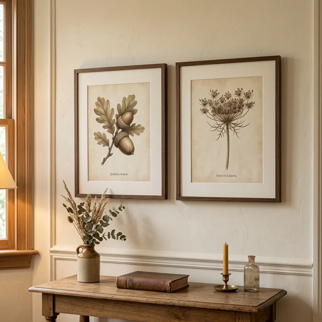 Pair of vintage-style acorn and seed head plates framed in thin black frames on a cream wall