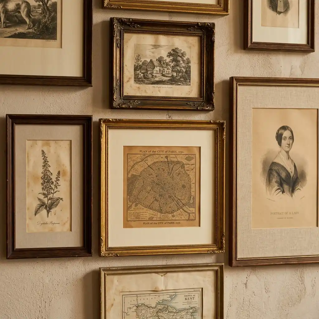 Vintage gallery wall mixing an old engraving, botanical prints, a framed map and a portrait in gilt and dark wood frames