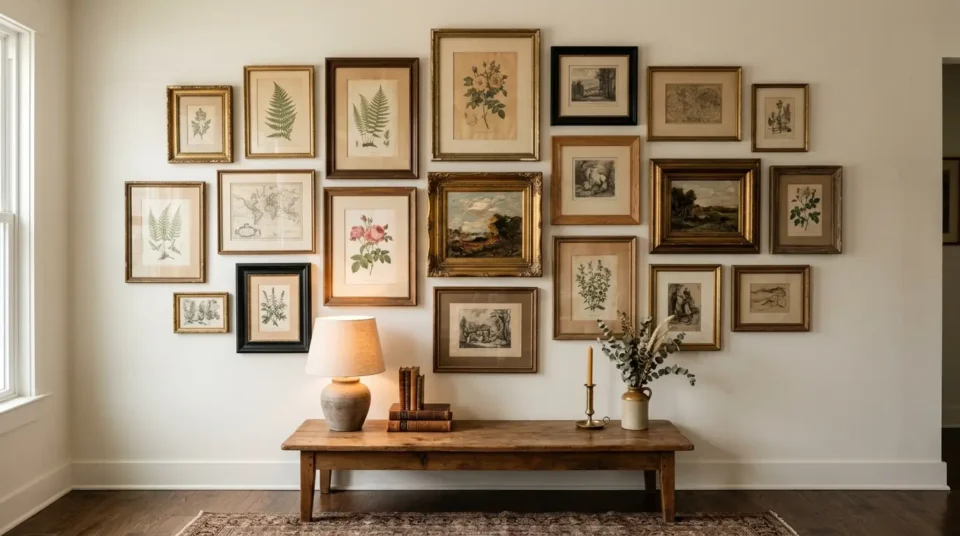Collected gallery wall of thrifted frames in gilt, walnut and black holding aged prints above a wooden console