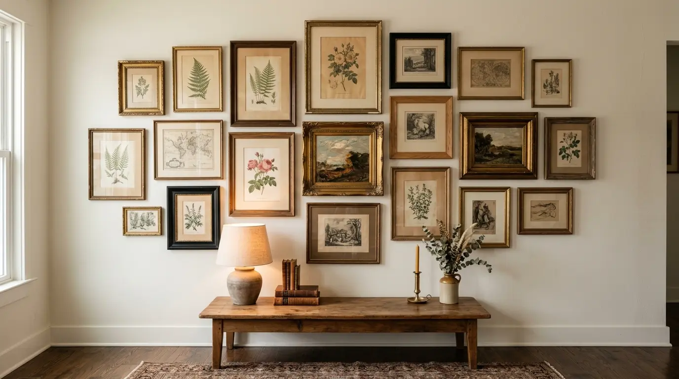 Collected gallery wall of thrifted frames in gilt, walnut and black holding aged prints above a wooden console