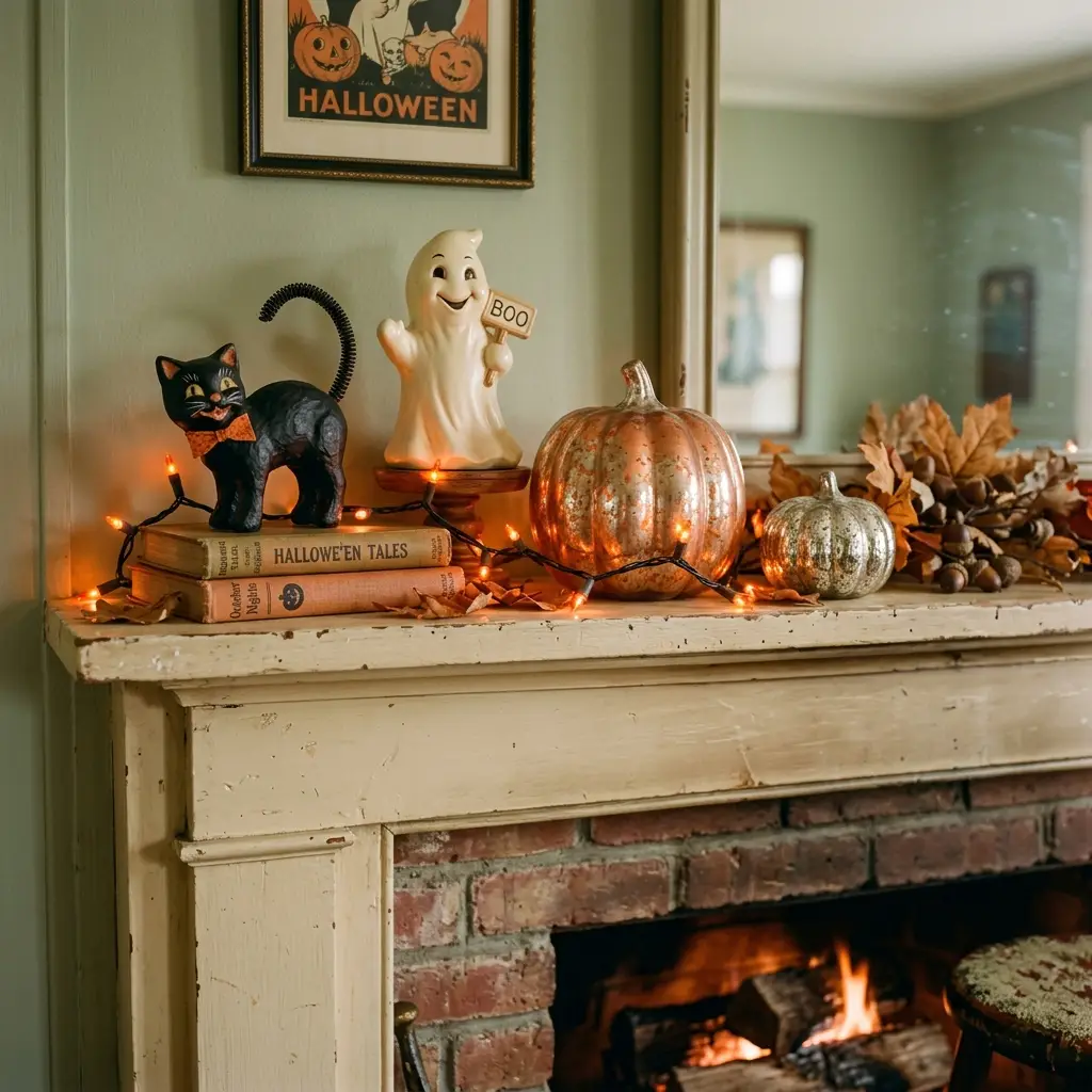 Retro Halloween figures and mercury glass pumpkins arranged on a painted wood mantel shelf