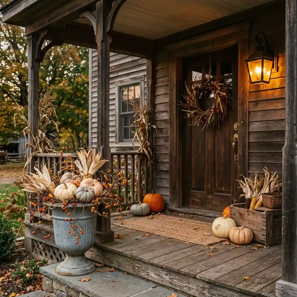Vintage Halloween porch with a brass urn, dried corn husks and muted cream heirloom pumpkins