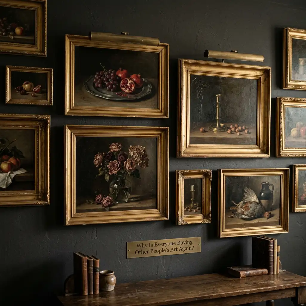 Small vintage still-life oil paintings of fruit and flowers in ornate gilt frames on a dark wall