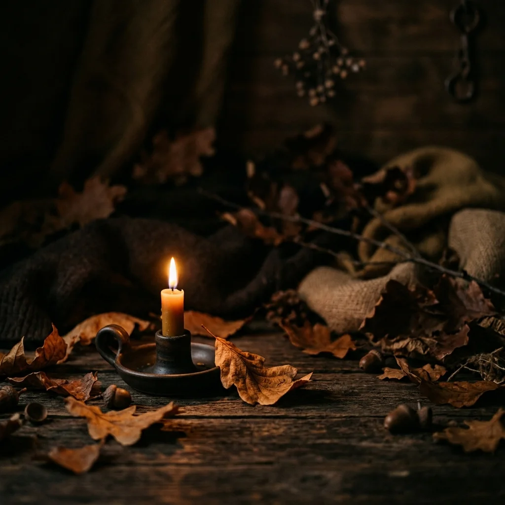 Moody espresso and warm khaki autumn background with a single blurred candle flame