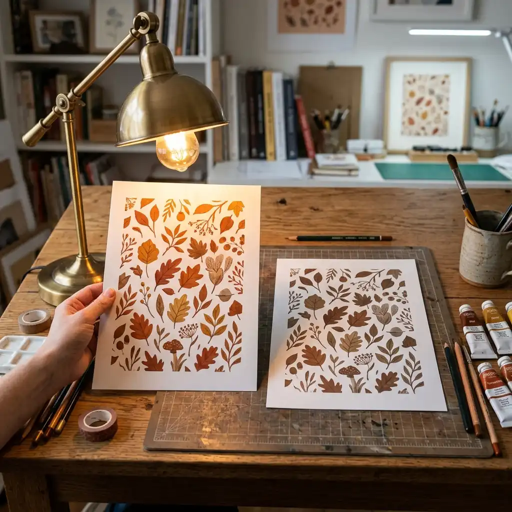 Two test prints of the same rust and ochre autumn design compared under a warm table lamp