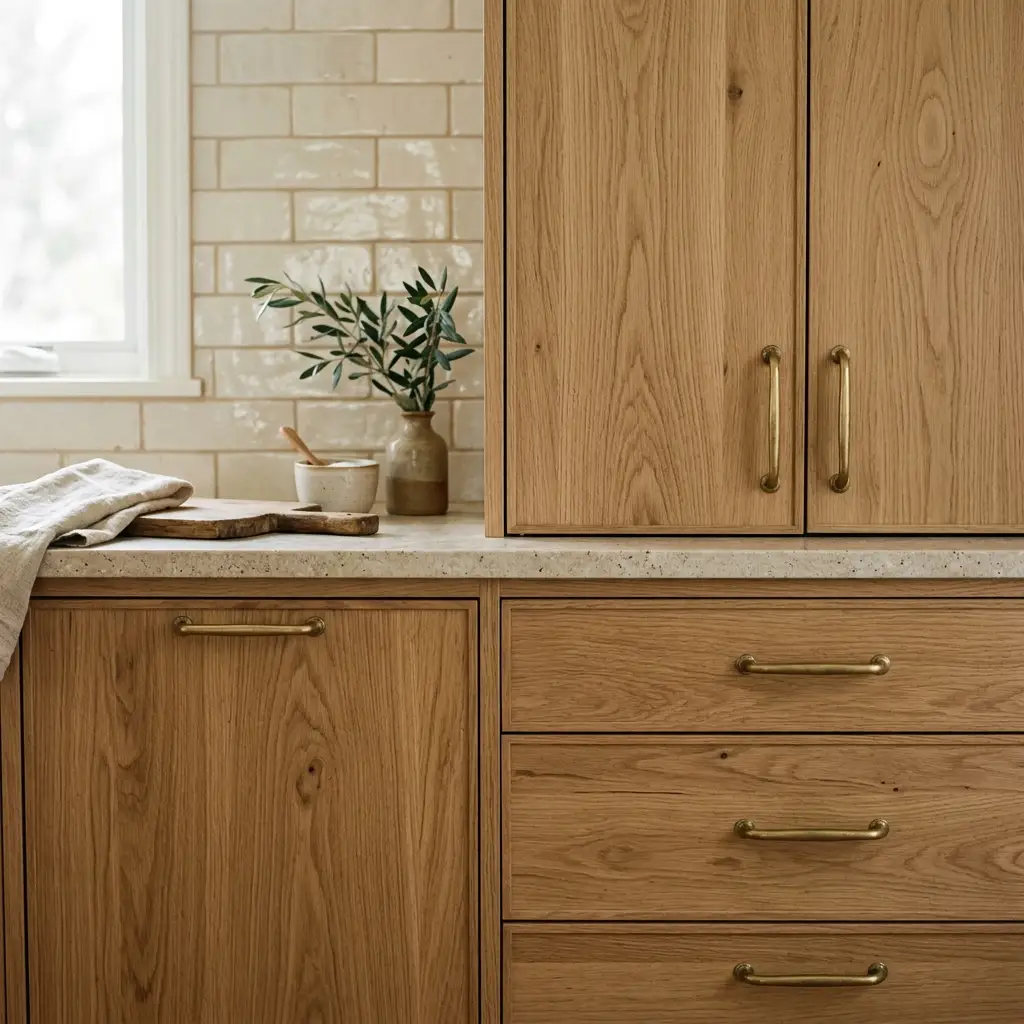 White oak kitchen cabinets with warm cream backsplash tile and brushed brass hardware in soft daylight