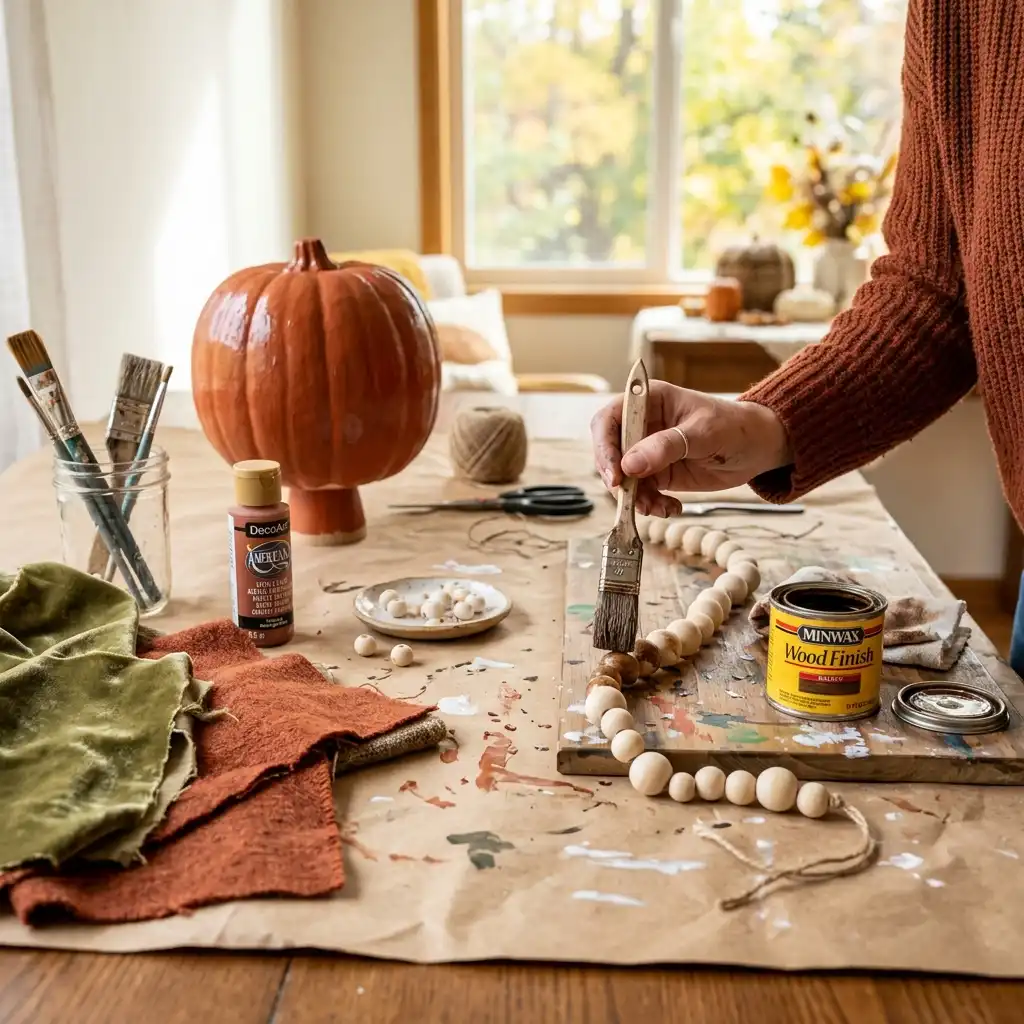Weekend craft setup with velvet remnants, wood beads, stain and a small brush on a paper-covered table