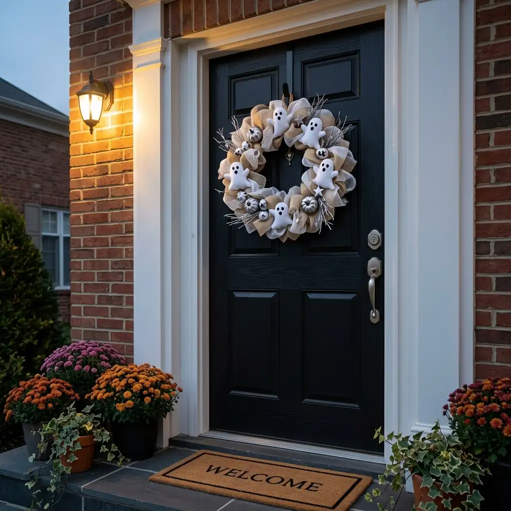 White ghost-themed Halloween wreath with silver accents on a black front door
