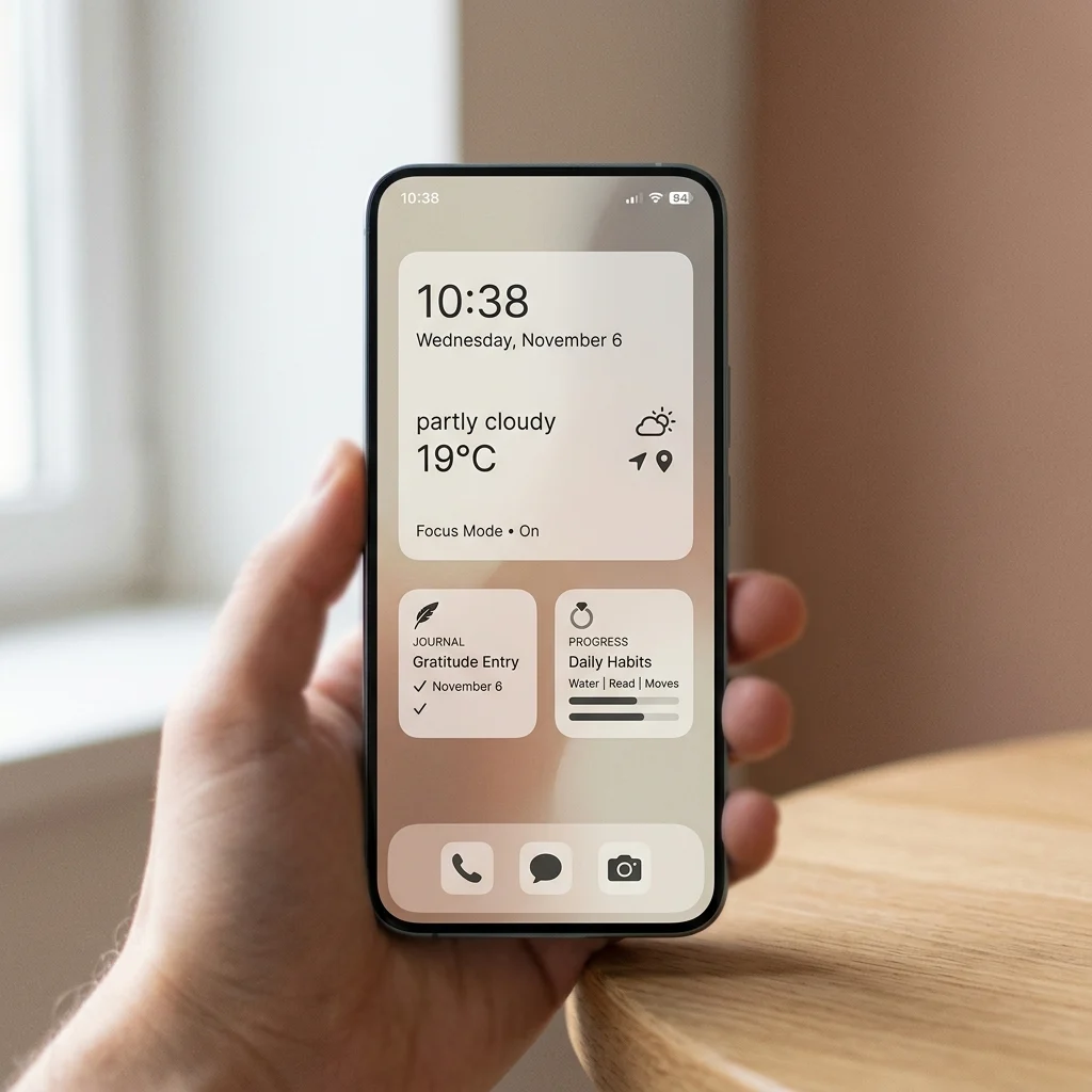 Home screen showing one large panel above two small panels over a muted clay and cream background