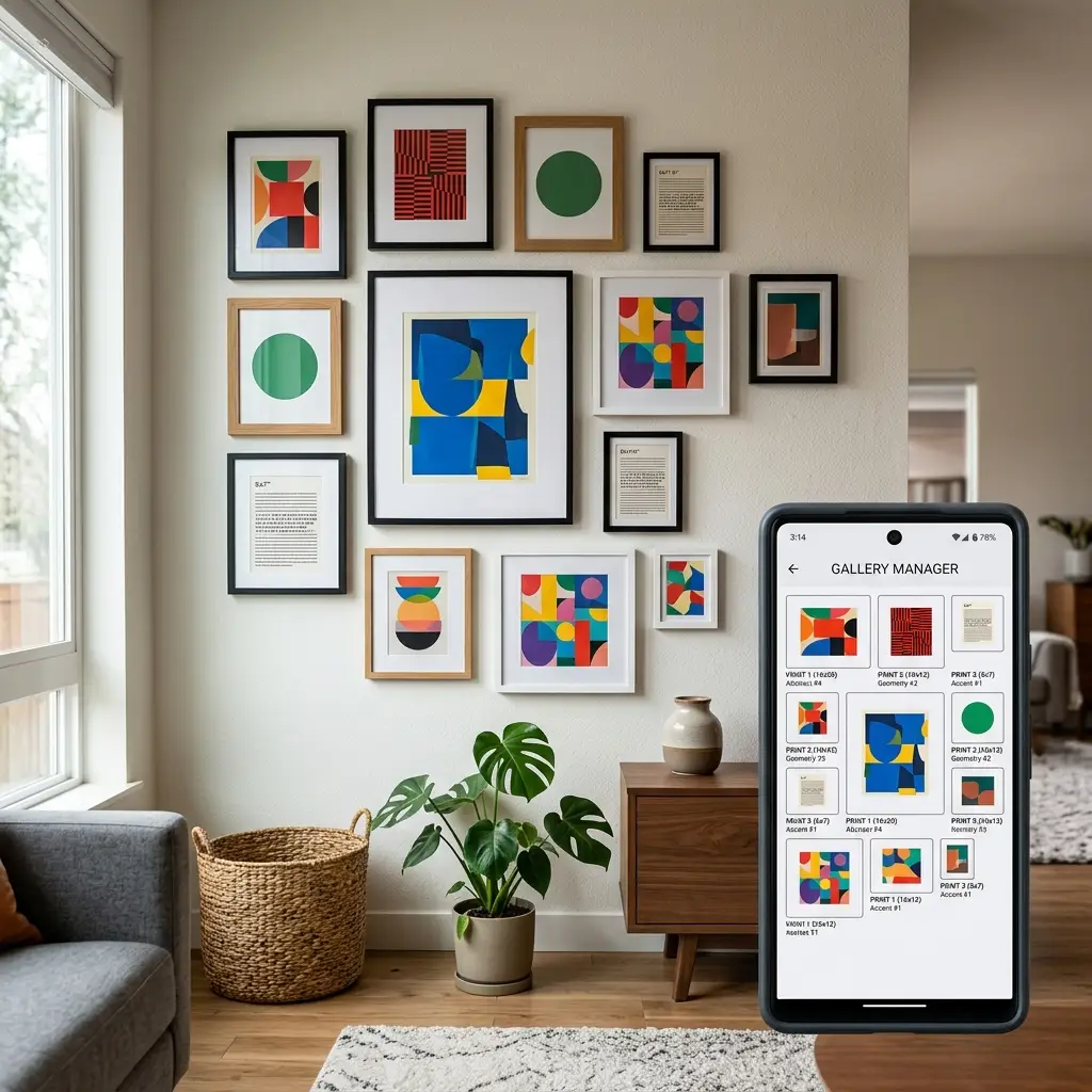 Mixed-size panels on a phone screen next to matching frames on a wall, showing the same scale rule