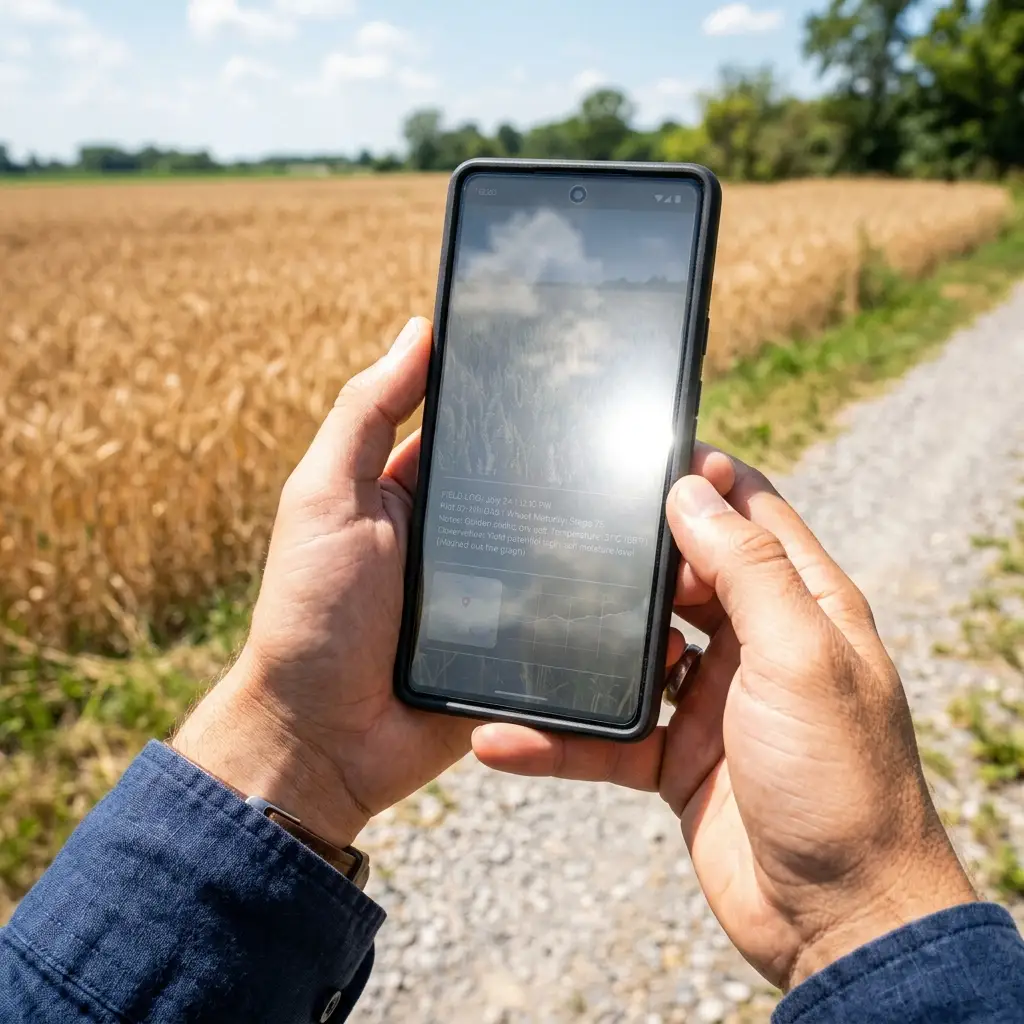 Phone held in bright midday sunlight showing pale panel text washing out over a wheat-field image