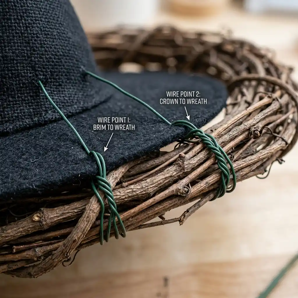 Close-up of floral wire anchoring a prop to a grapevine wreath at two points