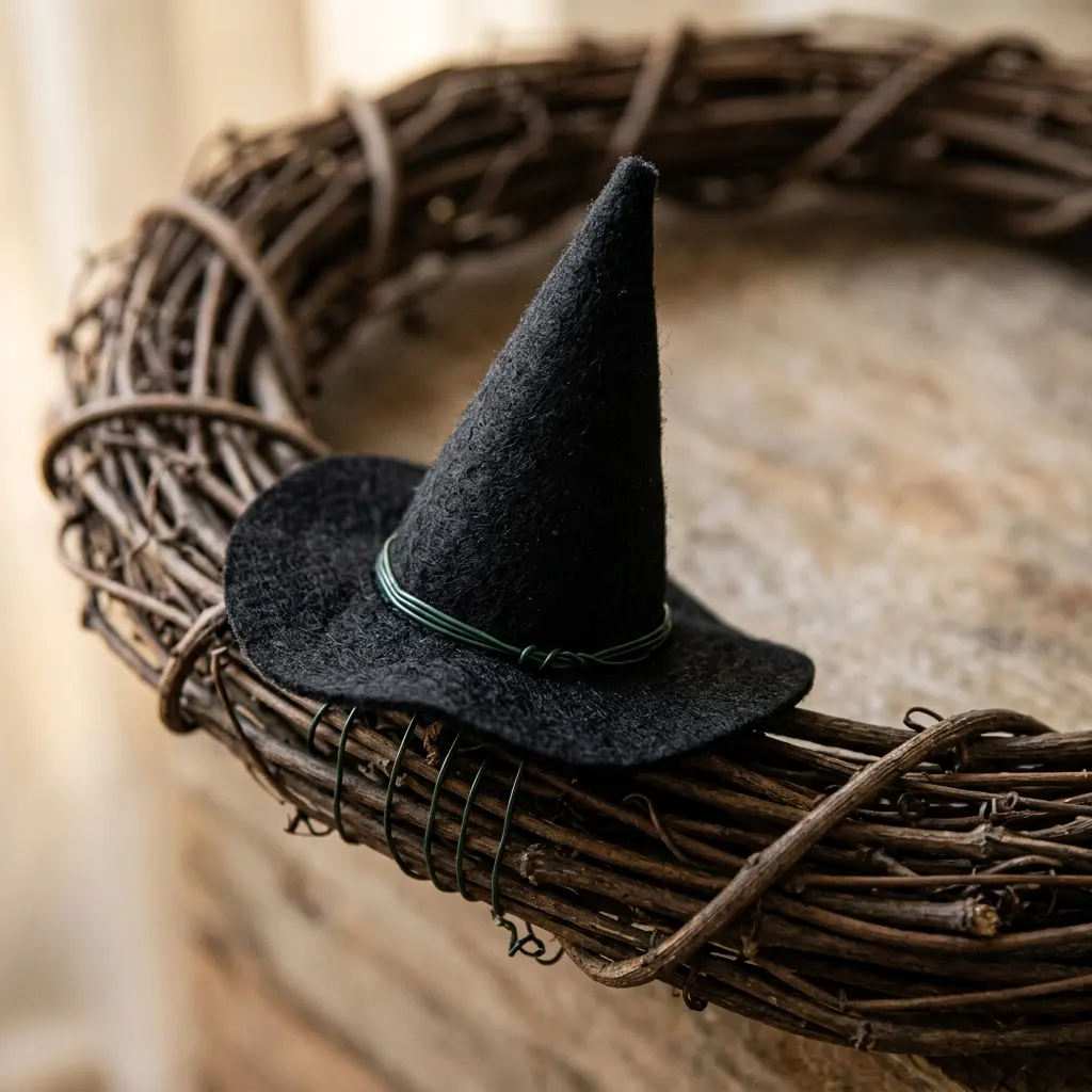 Black witch hat positioned off-center on a grapevine wreath ring as the single focal prop