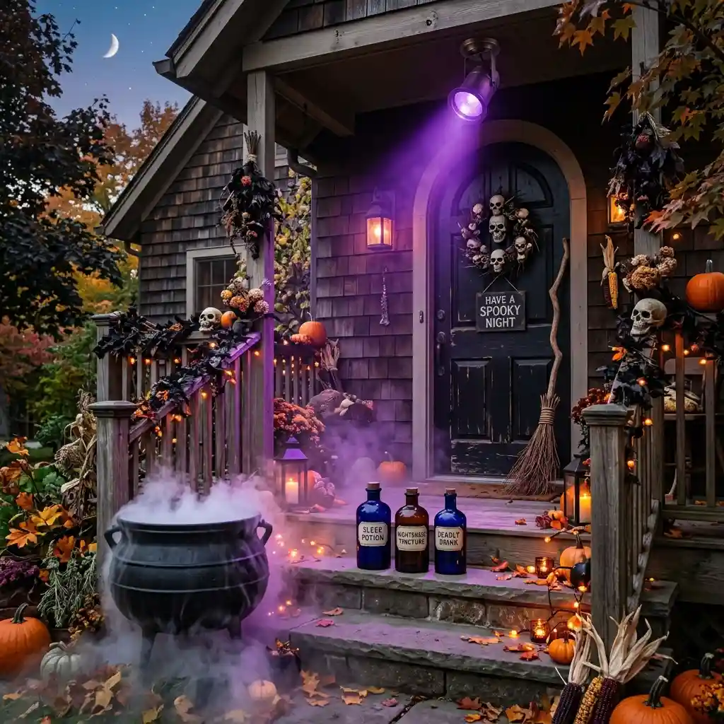 Witchy Halloween porch with a black cauldron, dark amber bottles and a broom leaned by the door