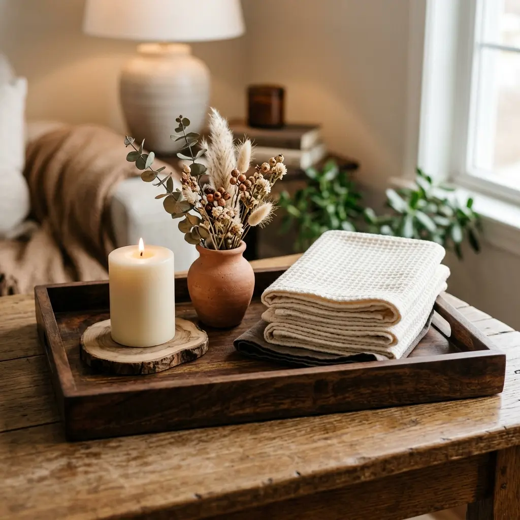 Dark stained wood tray holding an ivory pillar candle, a small clay pot and a stack of cotton towels