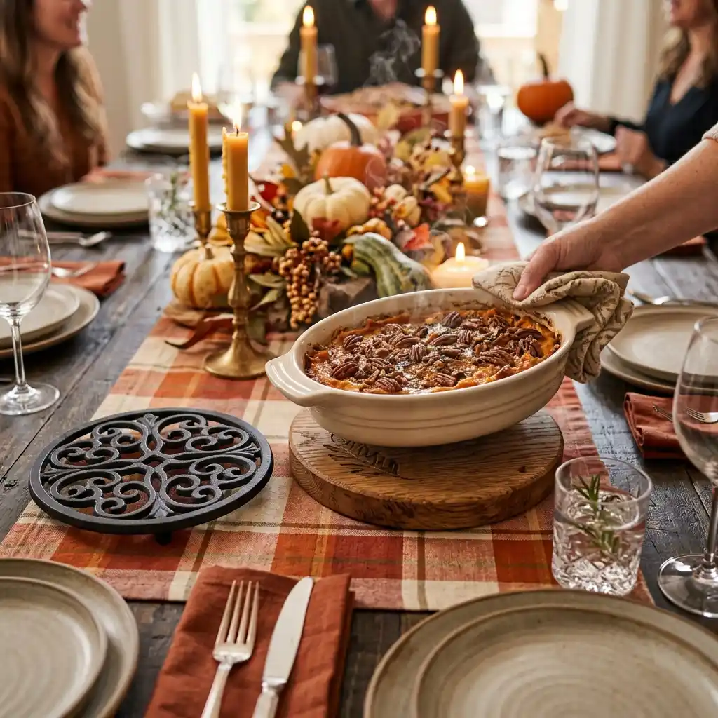 Thick oak and cast iron trivets set in position on a dining table with a hot casserole resting on one