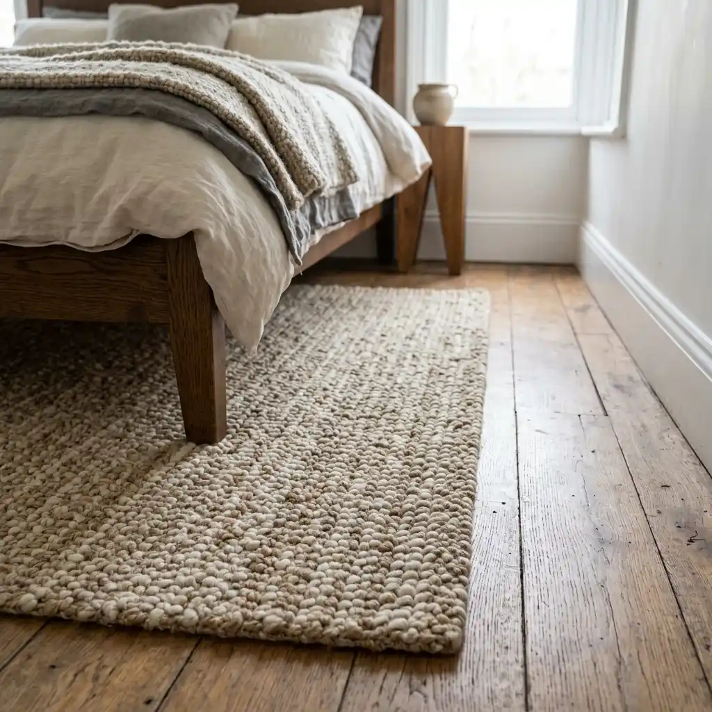 Wool rug running alongside a bed on bare wood flooring, positioned where feet land in the morning
